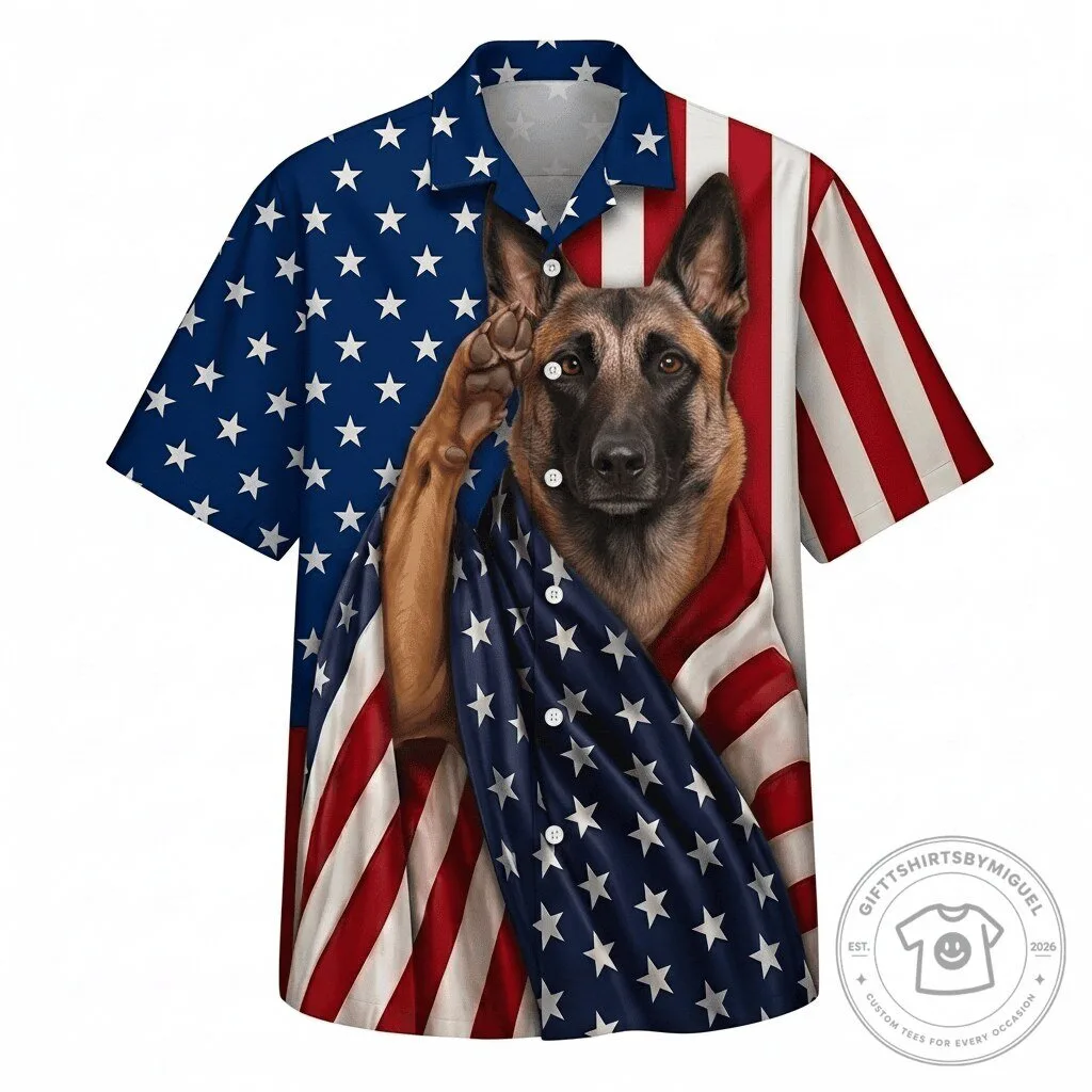 Belgian Malinois Dog American Flag Patriotic Hawaiian Shirt for Men