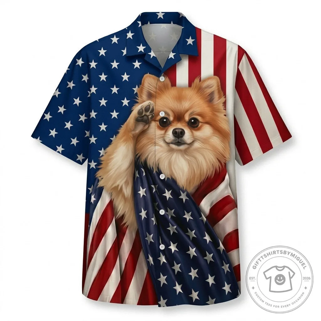 Pomeranian Dog American Flag Patriotic Hawaiian Shirt for Men and Women