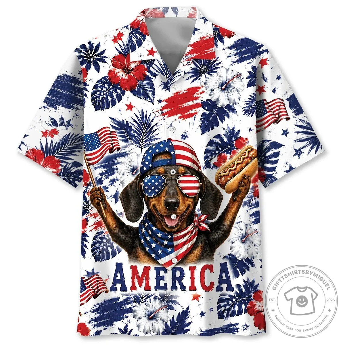 Hawaiian Shirt Featuring American Flag for Patriotic Dachshund Dogs