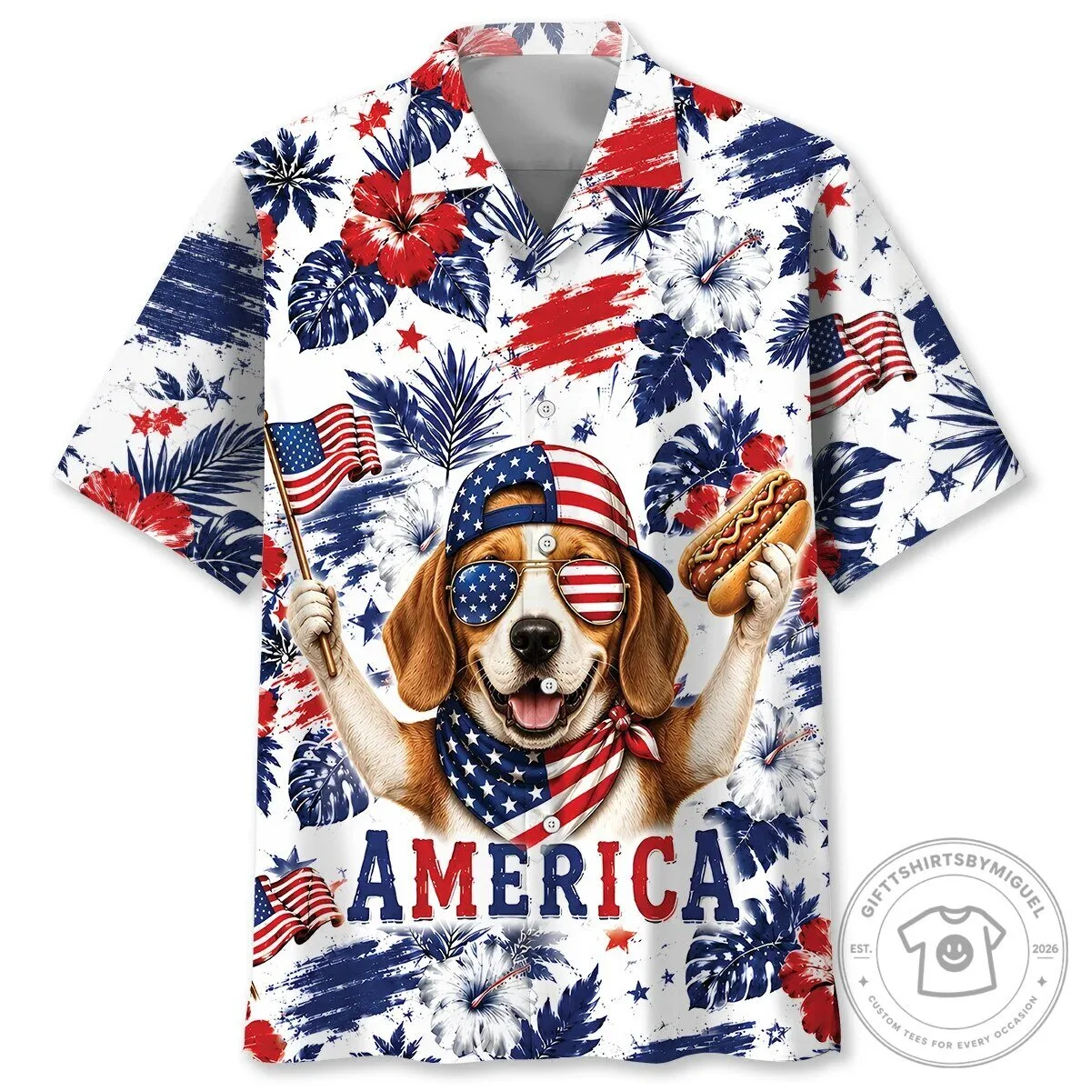 Patriotic Beagle Dog American Flag Hawaiian Shirt
