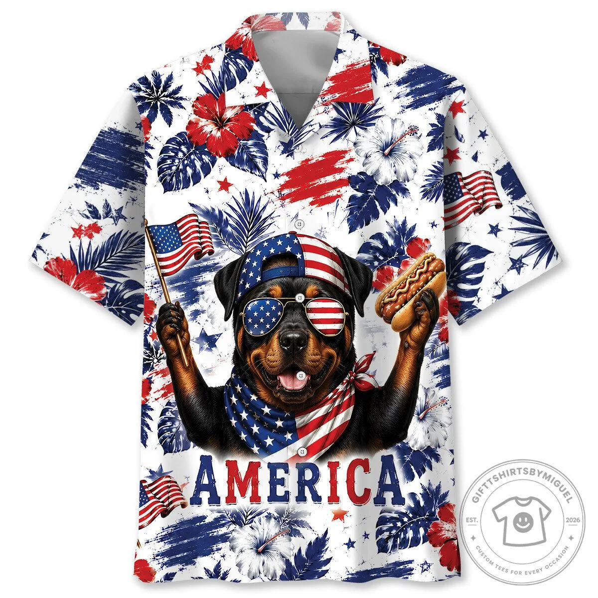 America Rottweiler Patriotic Hawaiian Shirt with Hotdog and Flag