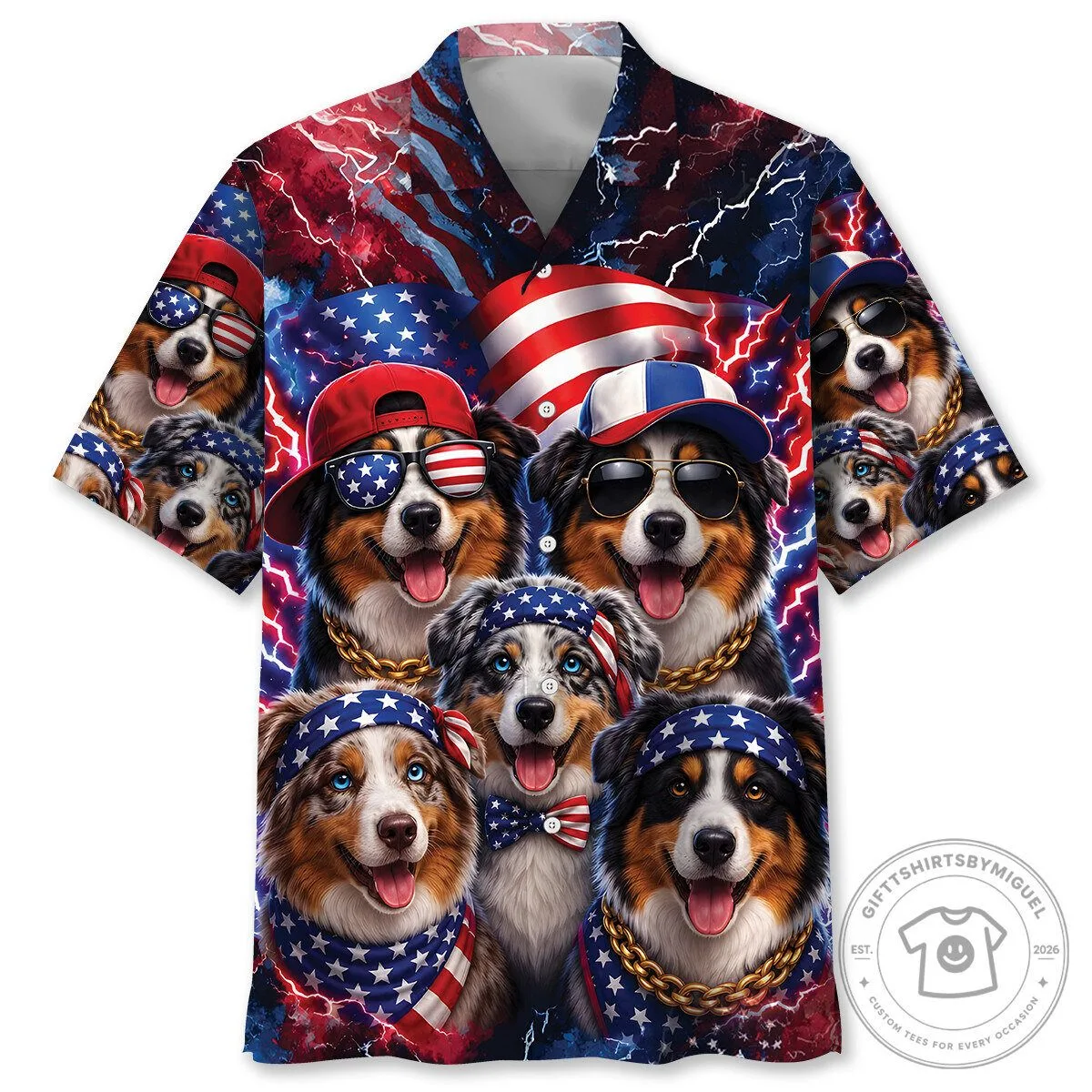 Patriotic Australian Shepherd Dogs American Flag Hawaiian Shirt
