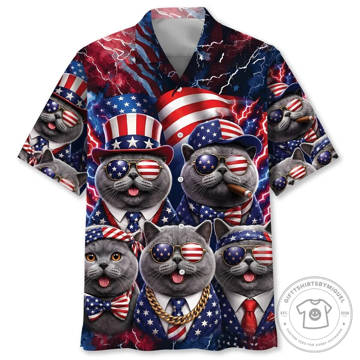 Hawaiian Shirt Featuring British Shorthair Cats with American Flag Design