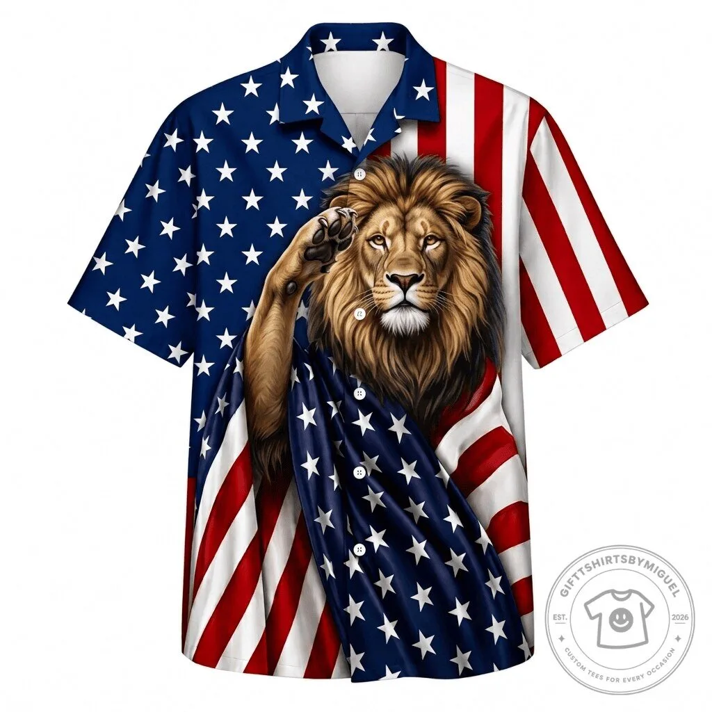 Patriotic Lion American Flag Print Button Down Short Sleeve Hawaiian Shirt