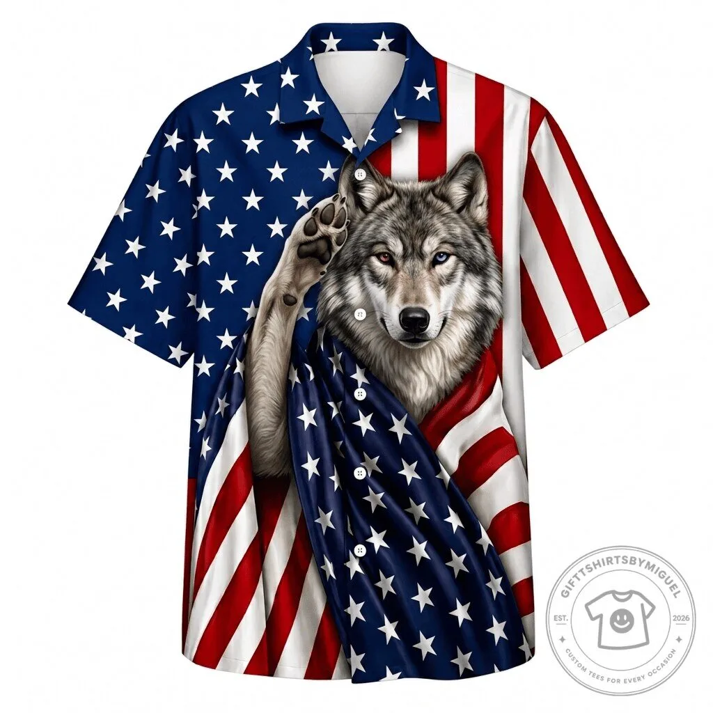 Patriotic American Flag Wolf Graphic Print Button Down Hawaiian Shirt