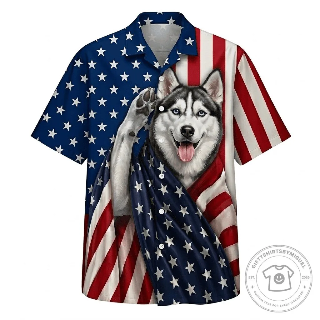 Patriotic Siberian Husky Dog American Flag Hawaiian Shirt