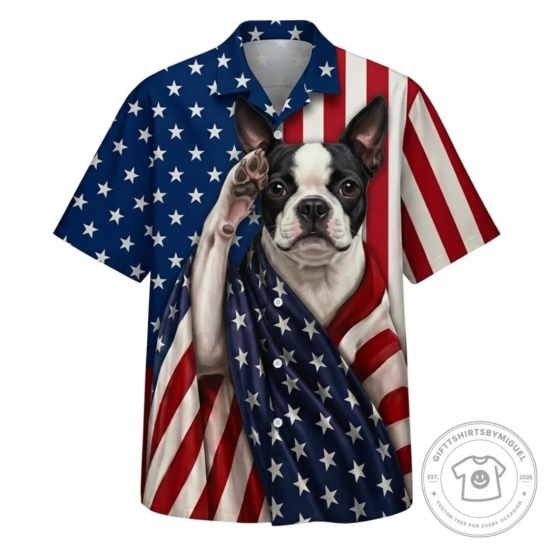 Boston Terrier Patriotic American Flag Hawaiian Shirt