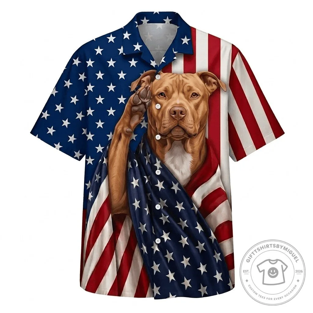 Patriotic American Pit Bull Terrier Dog United States Flag Hawaiian Shirt