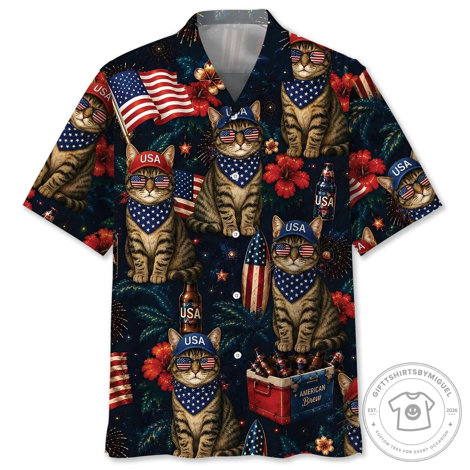 Patriotic Tabby Cat American Flag USA Hawaiian Shirt