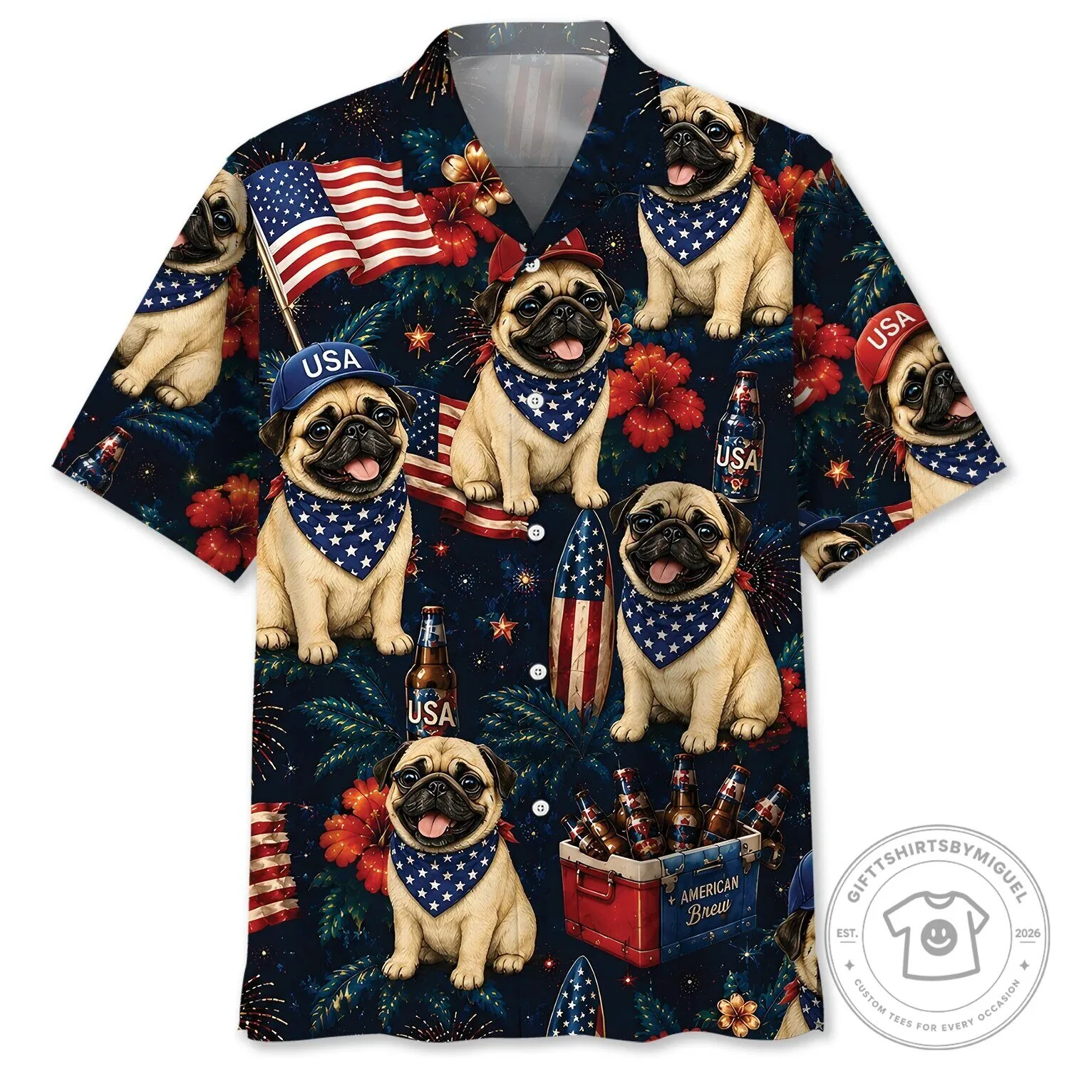 Patriotic Pug Dog American Flag USA Independence Day Hawaiian Shirt