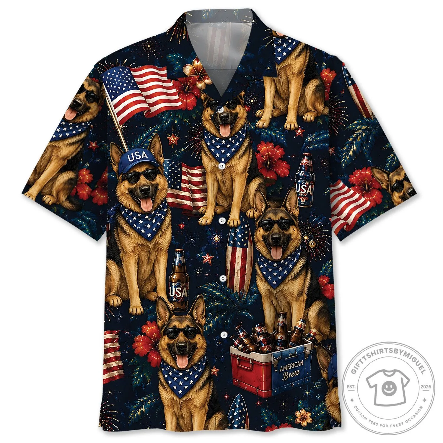 Patriotic German Shepherd Dog American Flag Hawaiian Shirt