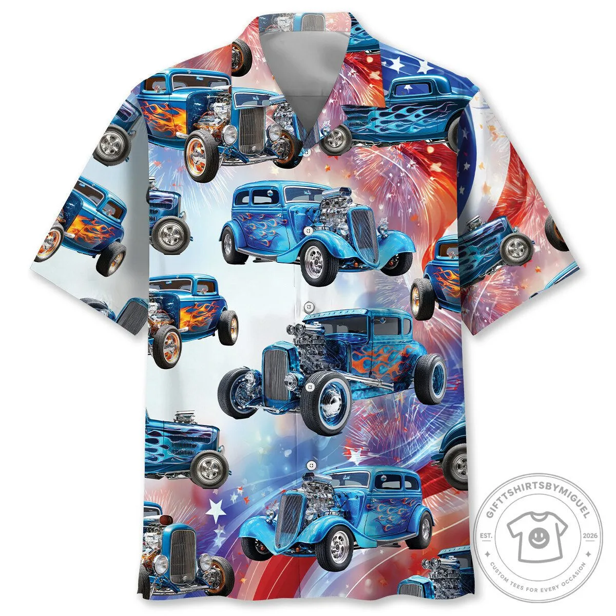 American Hot Rod Blue Patriot Fireworks Hawaiian Shirt