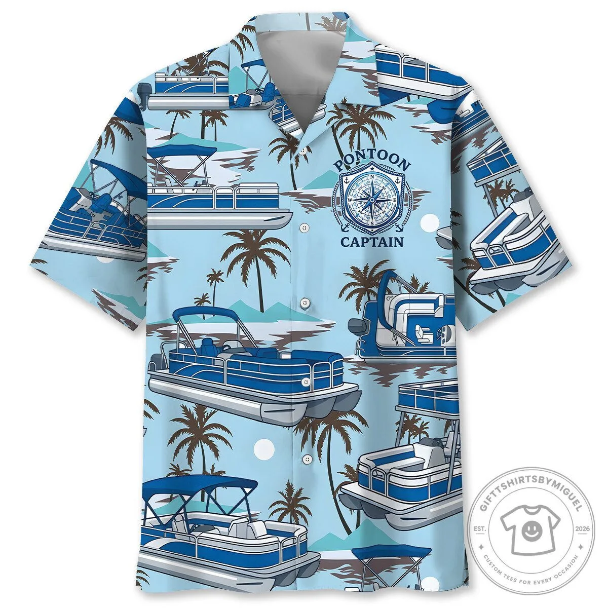 Pontoon Captain Blue Boat Palm Trees Hawaiian Shirt