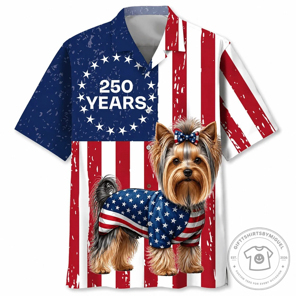 Yorkshire Terrier 250 Years Of Freedom American Flag Patriotic Hawaiian Shirt