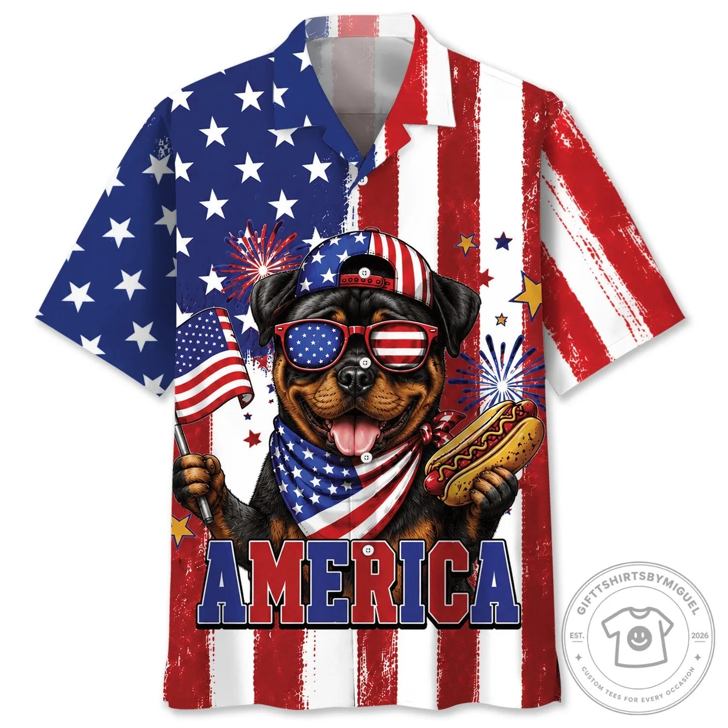 Funny Rottweiler Fourth of July America Stars and Stripes Hawaiian Shirt