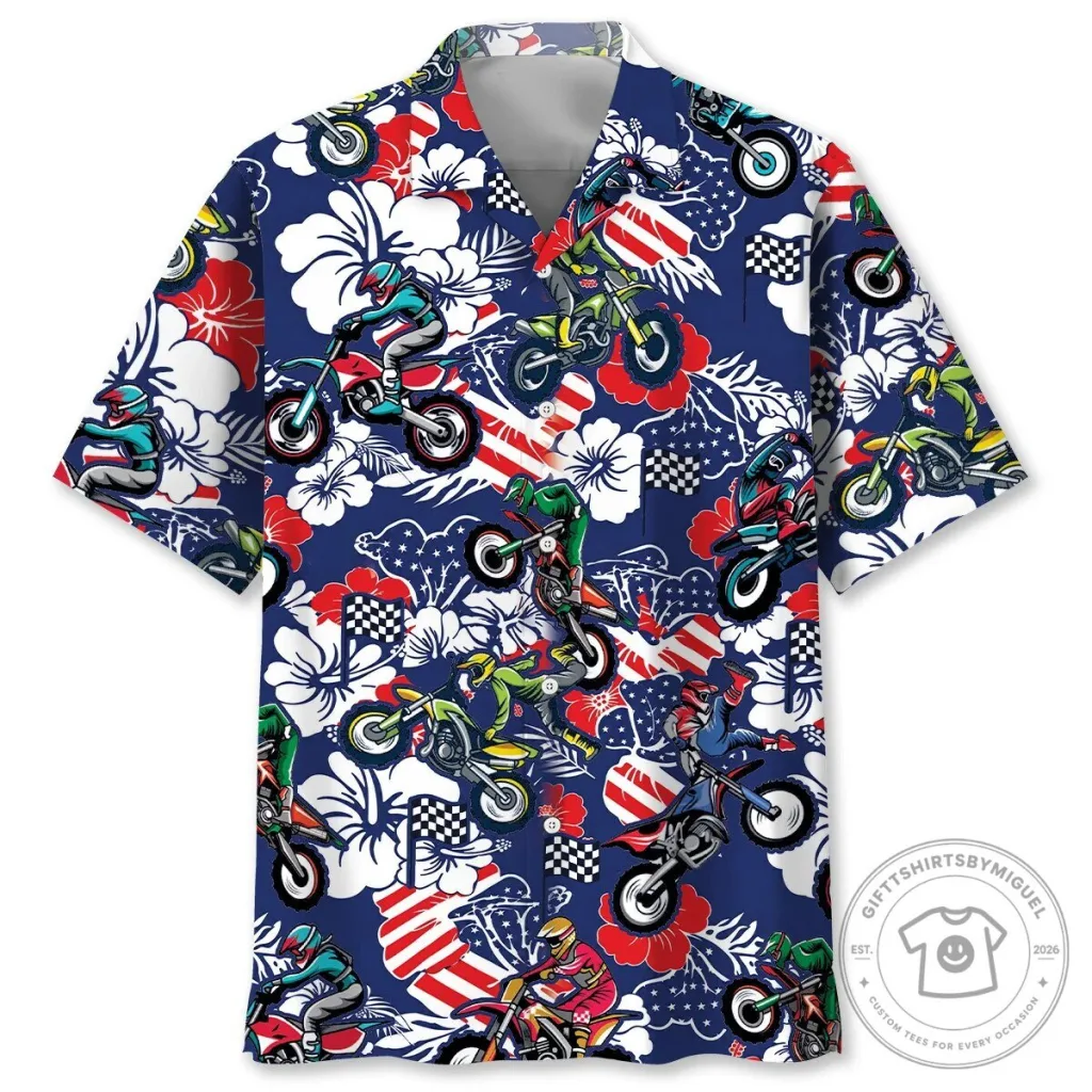 Motocross Dirt Bike Racing American Flag Hawaiian Shirt Motocross Dirt Bike Racing American Flag Hawaiian Shirt