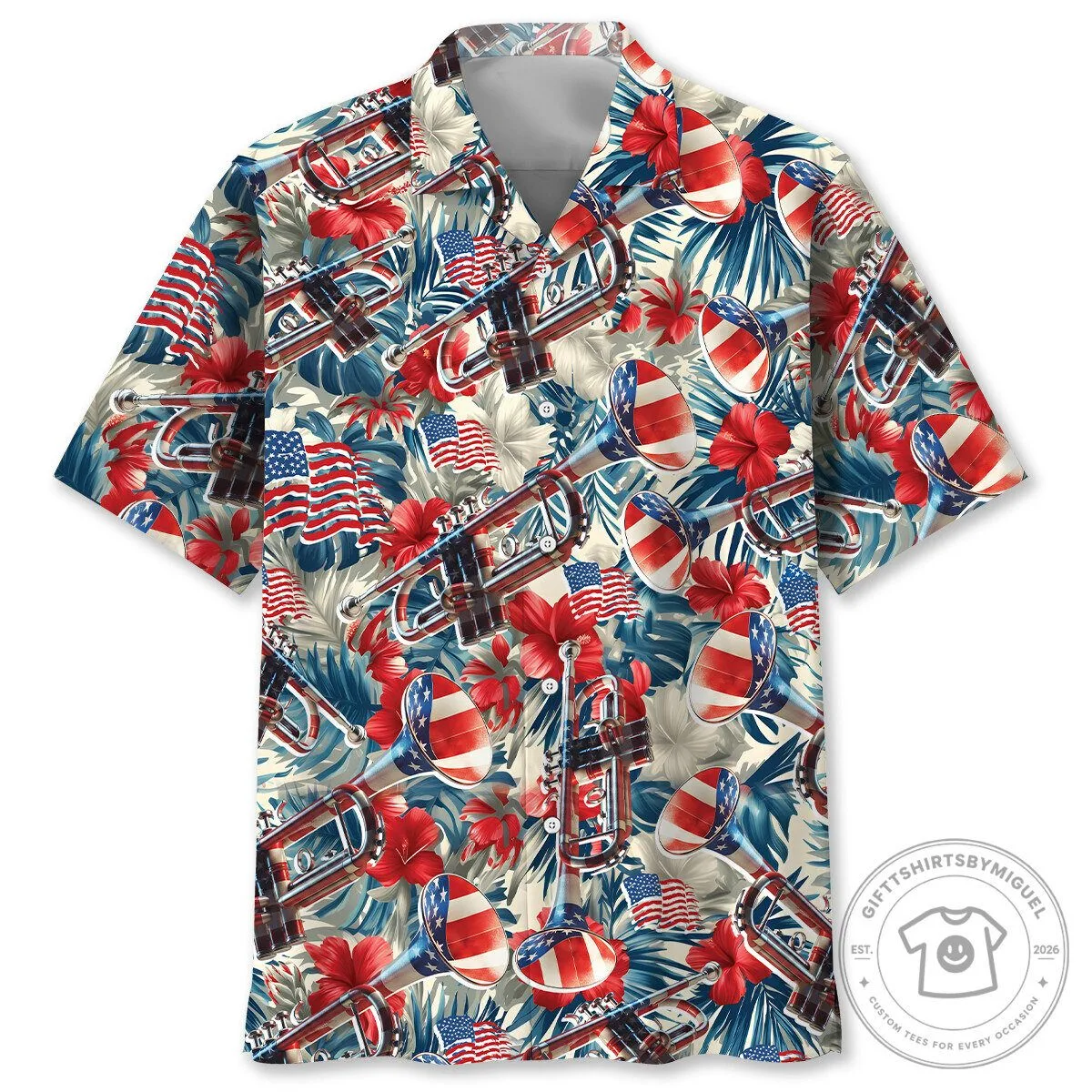 American Flag Trumpet Patriot Hawaiian Shirt for Men and Women