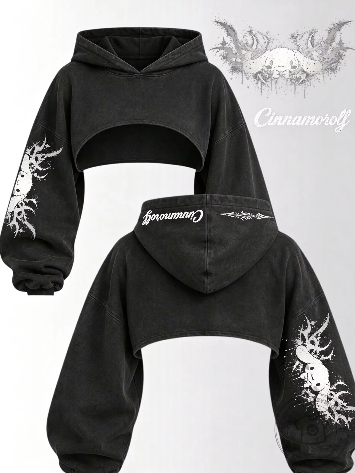 Cinnamoroll Distressed Black Cropped Hoodie with Sleeve Print