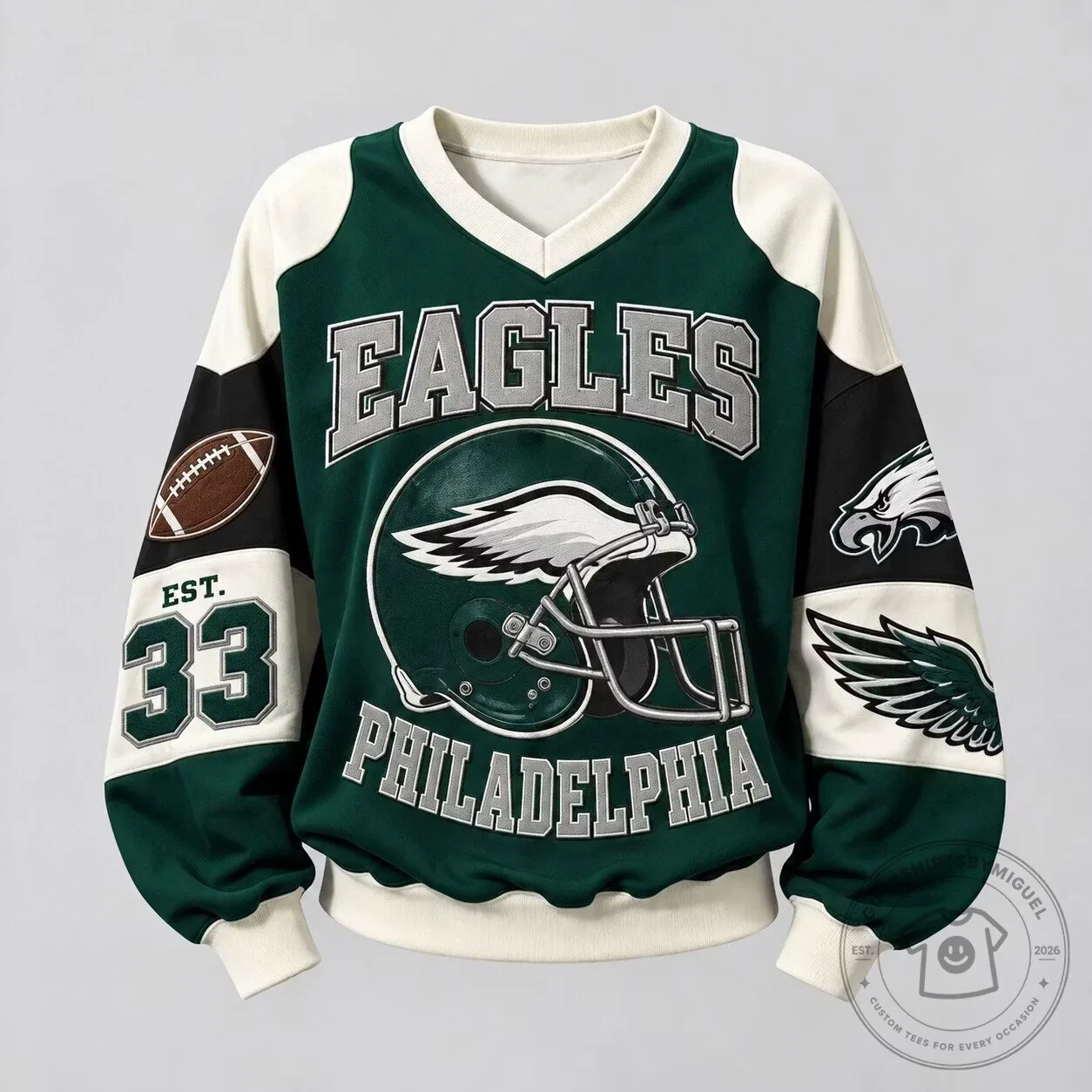 Philadelphia Eagles Football Team Green and White V-Neck Sweatshirt
