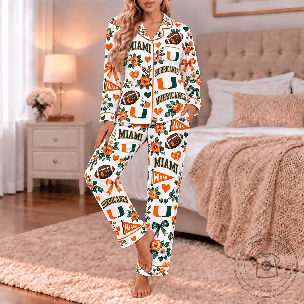 Miami Hurricanes Floral Pattern Long Sleeve Button Up Pajamas Set