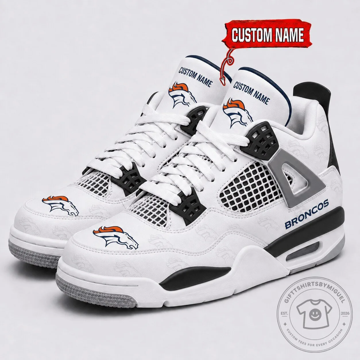 Air Jordan 4 Style White Sneakers with Custom Denver Broncos Design
