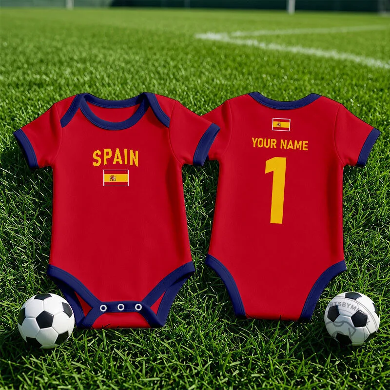 Spain National Football Team Baby Romper Custom Name and Number Infant Bodysuit