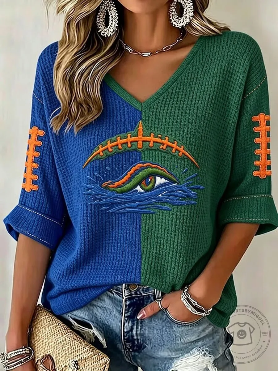 Florida Gators Football Eye Design Split Color V-Neck Short Sleeve Top