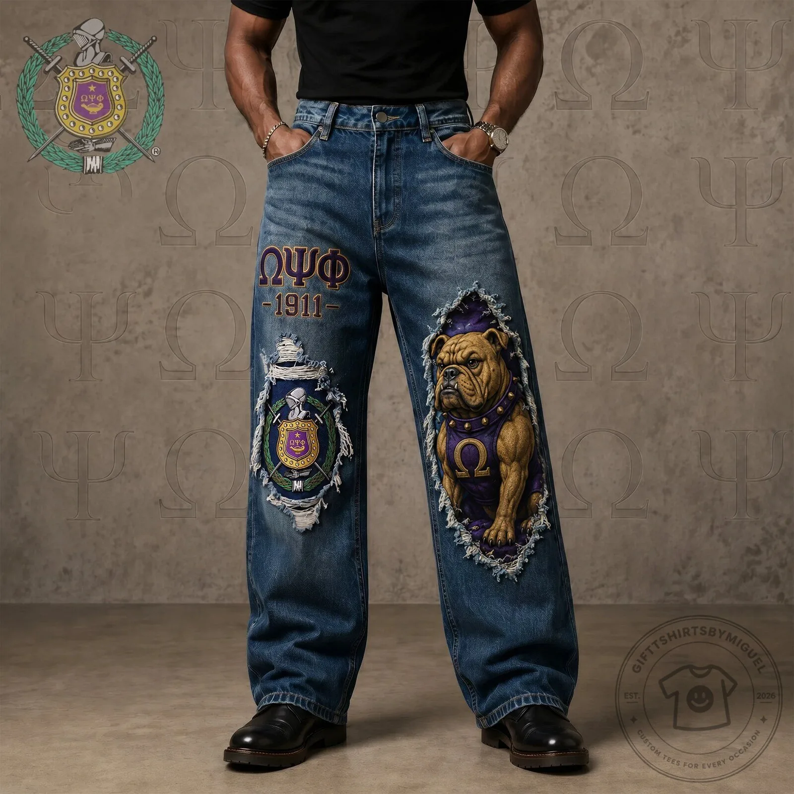 Omega Psi Phi Fraternity Bulldog Distressed Denim Jeans