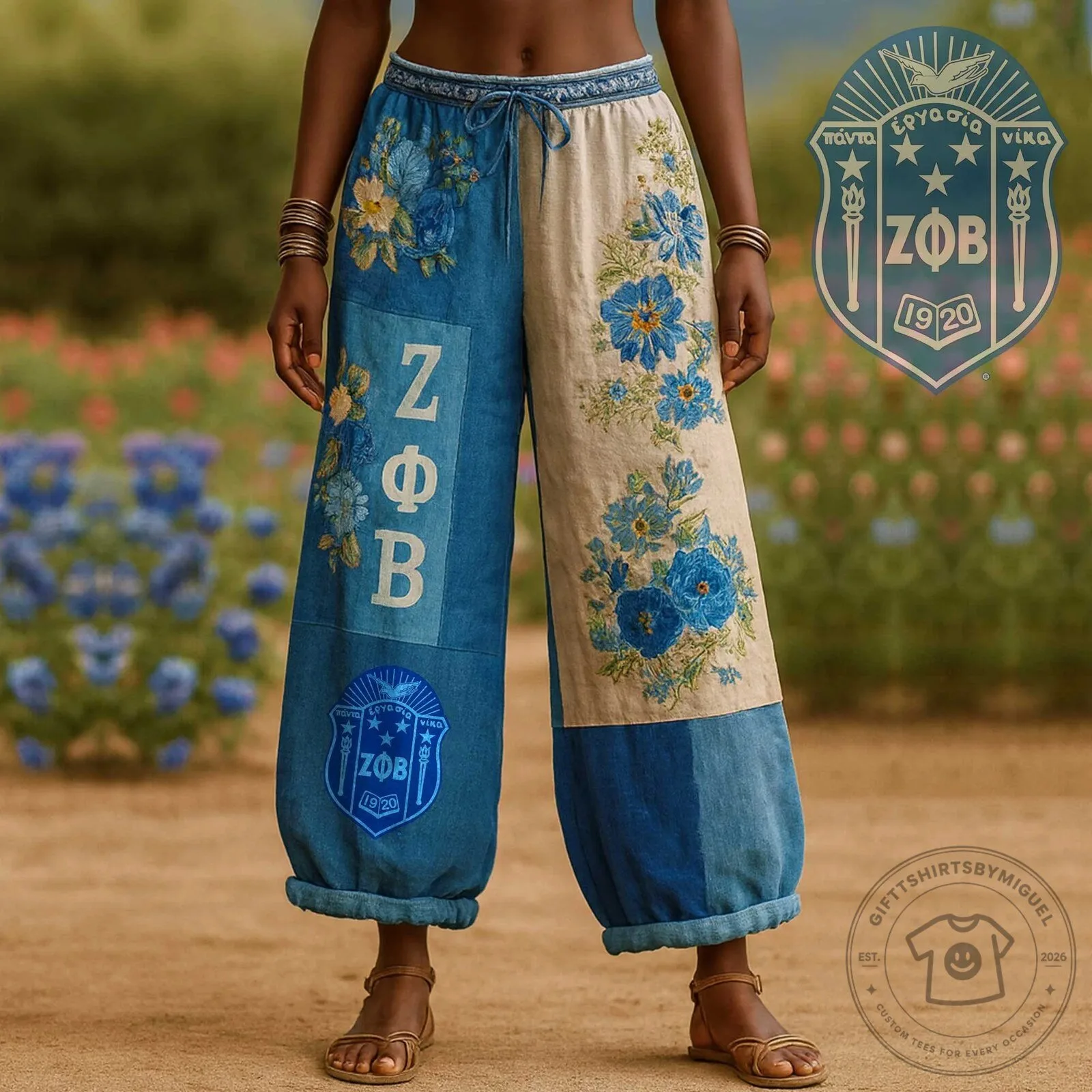 Zeta Phi Beta Sorority Embroidered Wide Leg Pants