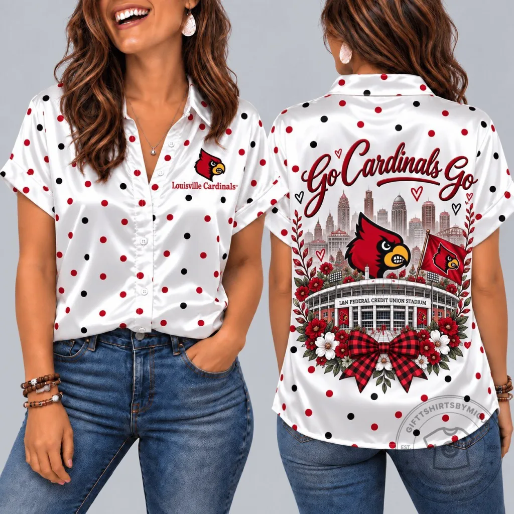 Louisville Cardinals Mascot Polka Dot Short Sleeve Button Down Shirt Louisville Cardinals Mascot Polka Dot Short Sleeve Button Down Shirt