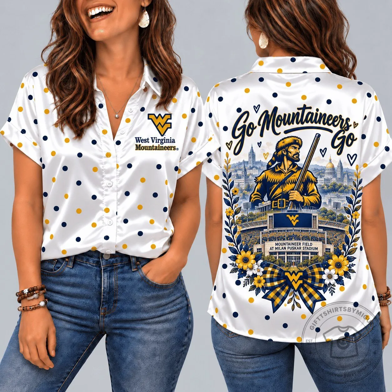 West Virginia Mountaineers Mascot Polka Dot Short Sleeve Button Down Shirt