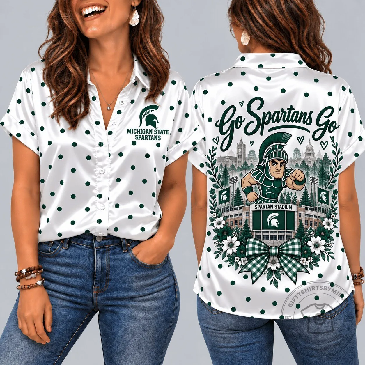 Michigan State Spartans Go Spartans Go Polka Dot Button Down Shirt