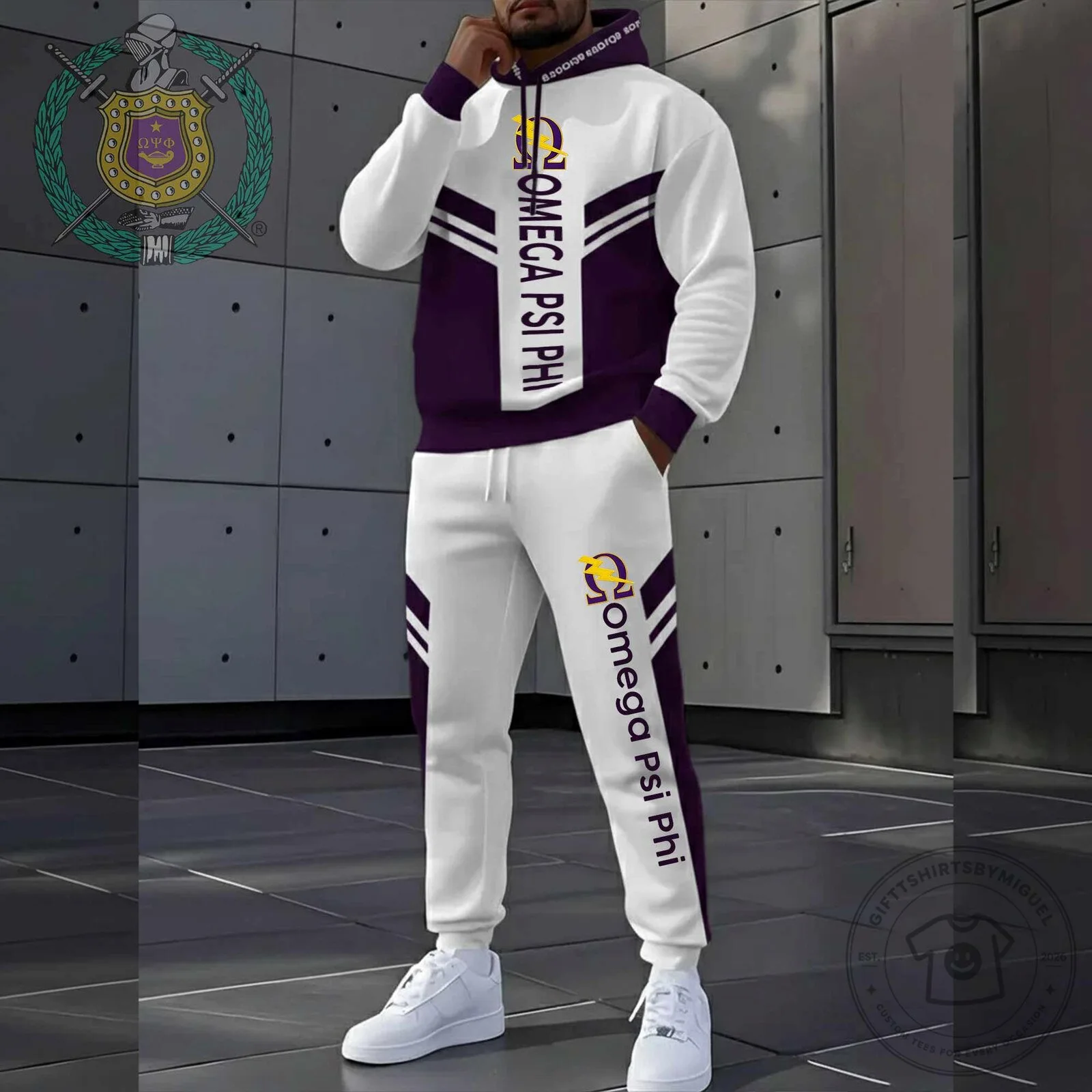 Omega Psi Phi Fraternity White and Purple Color Block Hoodie and Pants Set