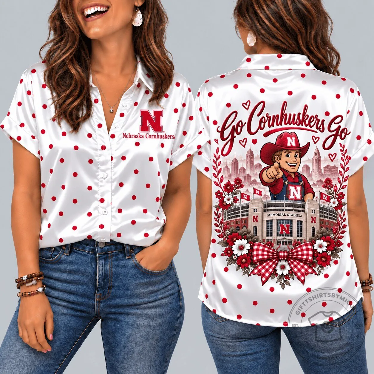 Nebraska Cornhuskers Mascot Memorial Stadium Go Cornhuskers Go Short Sleeve Button Down Shirt