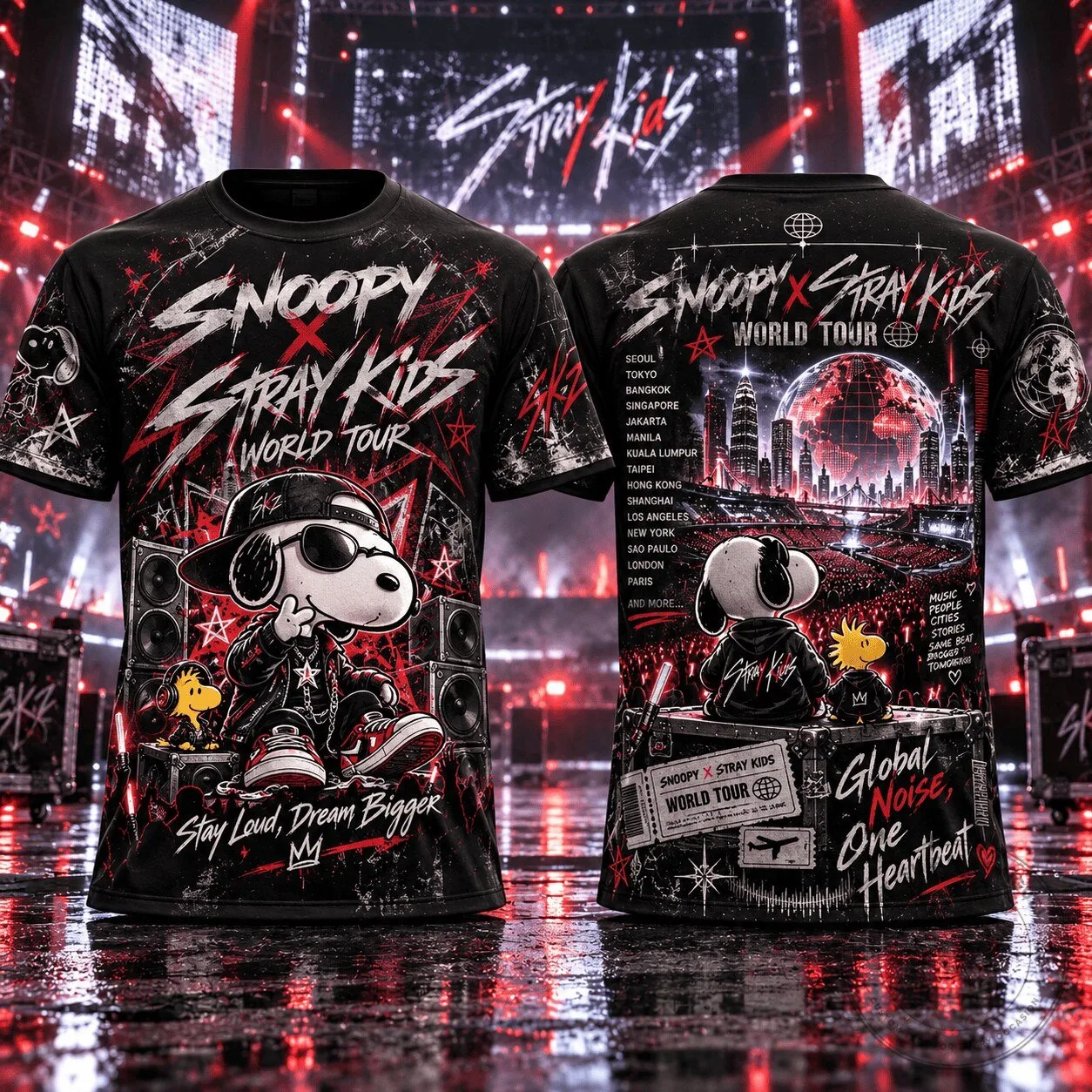 Snoopy Stray Kids World Tour Global Noise Concert Music Black T-Shirt