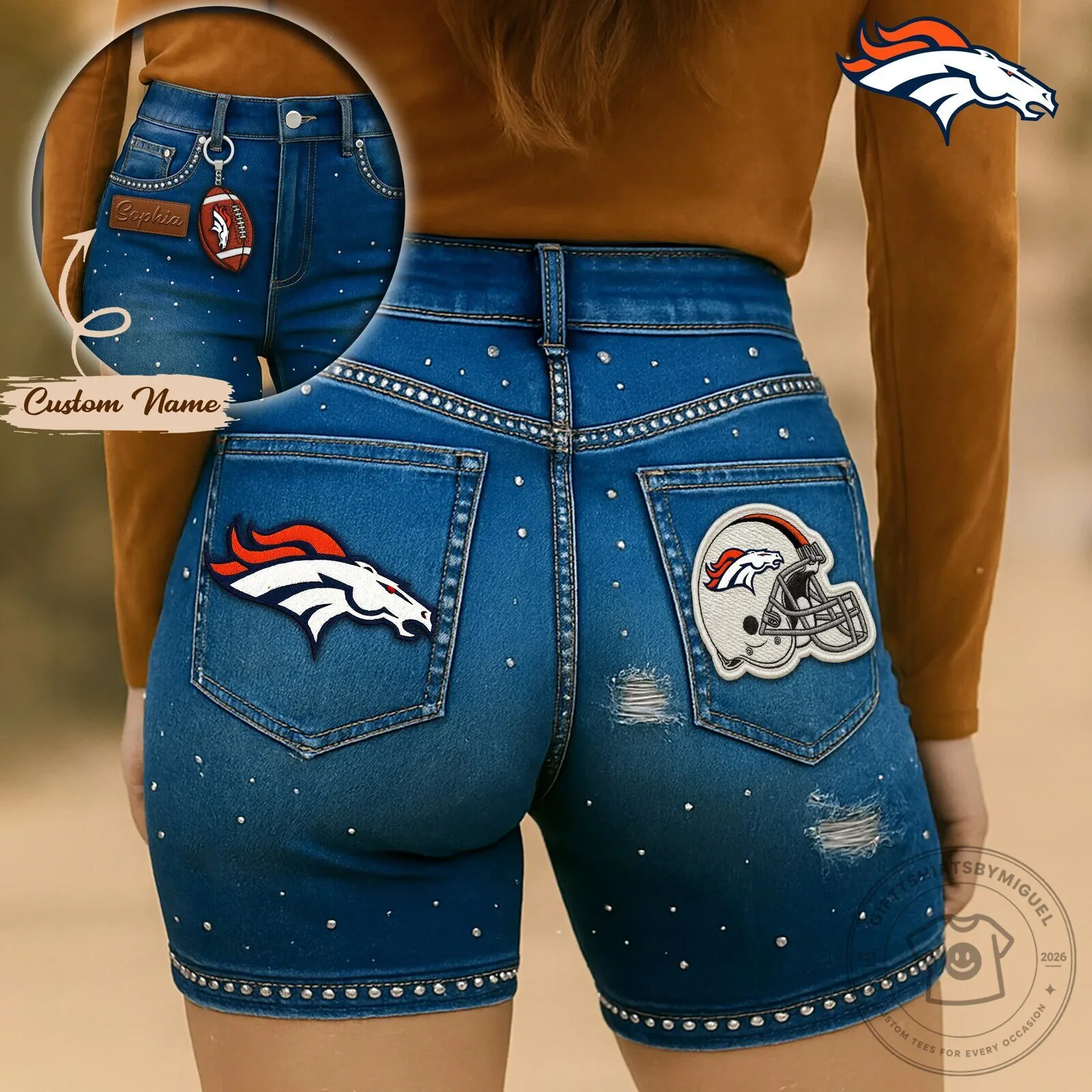 Denver Broncos Custom Name NFL High-Waisted Denim Shorts with Rhinestones