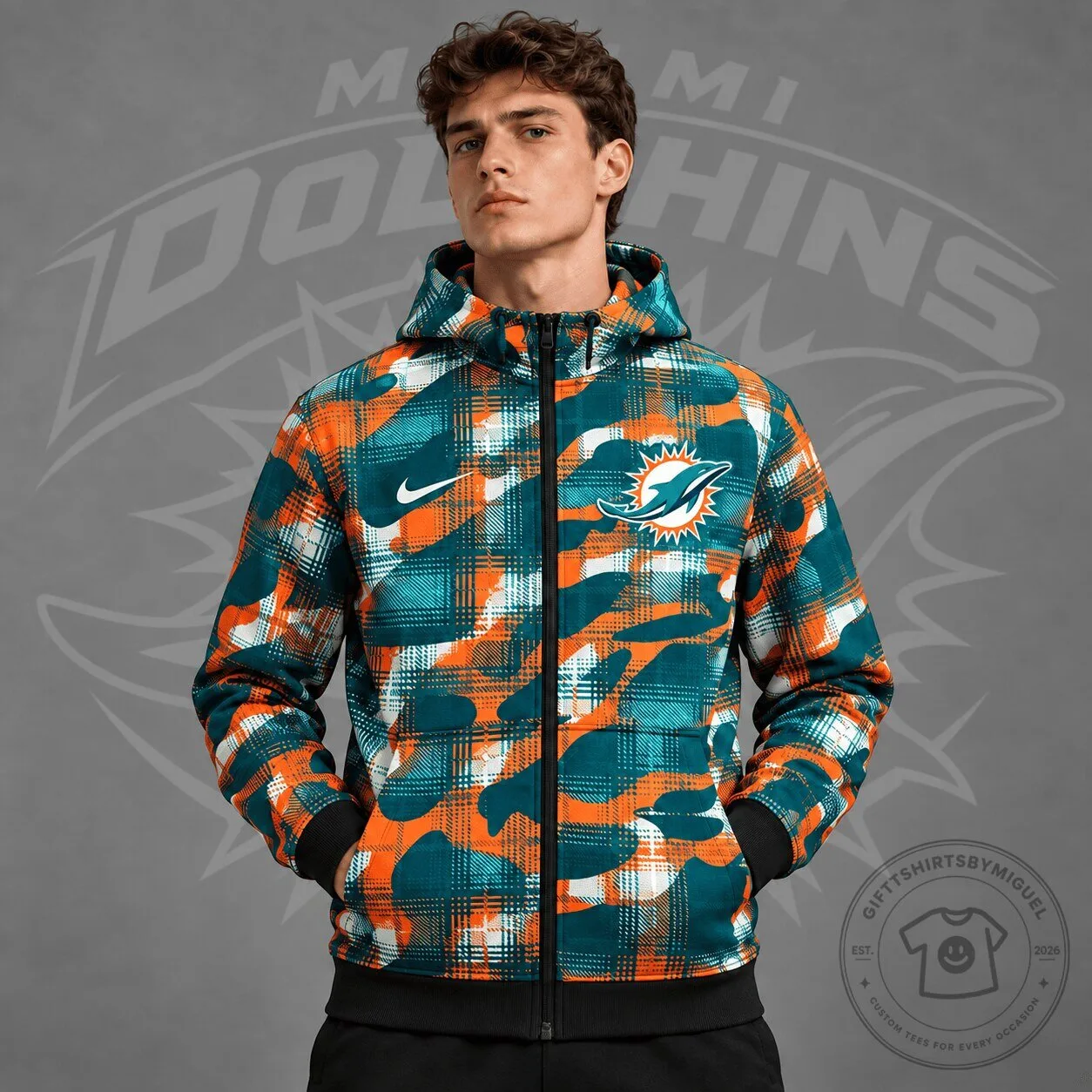 Miami Dolphins NFL Team Crest Plaid Camouflage Full Zip Hooded Jacket