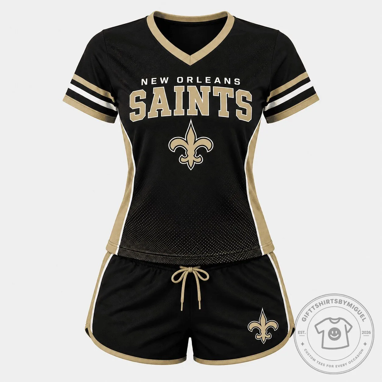 New Orleans Saints Women's Black and Gold V-Neck Football Jersey and Shorts Set