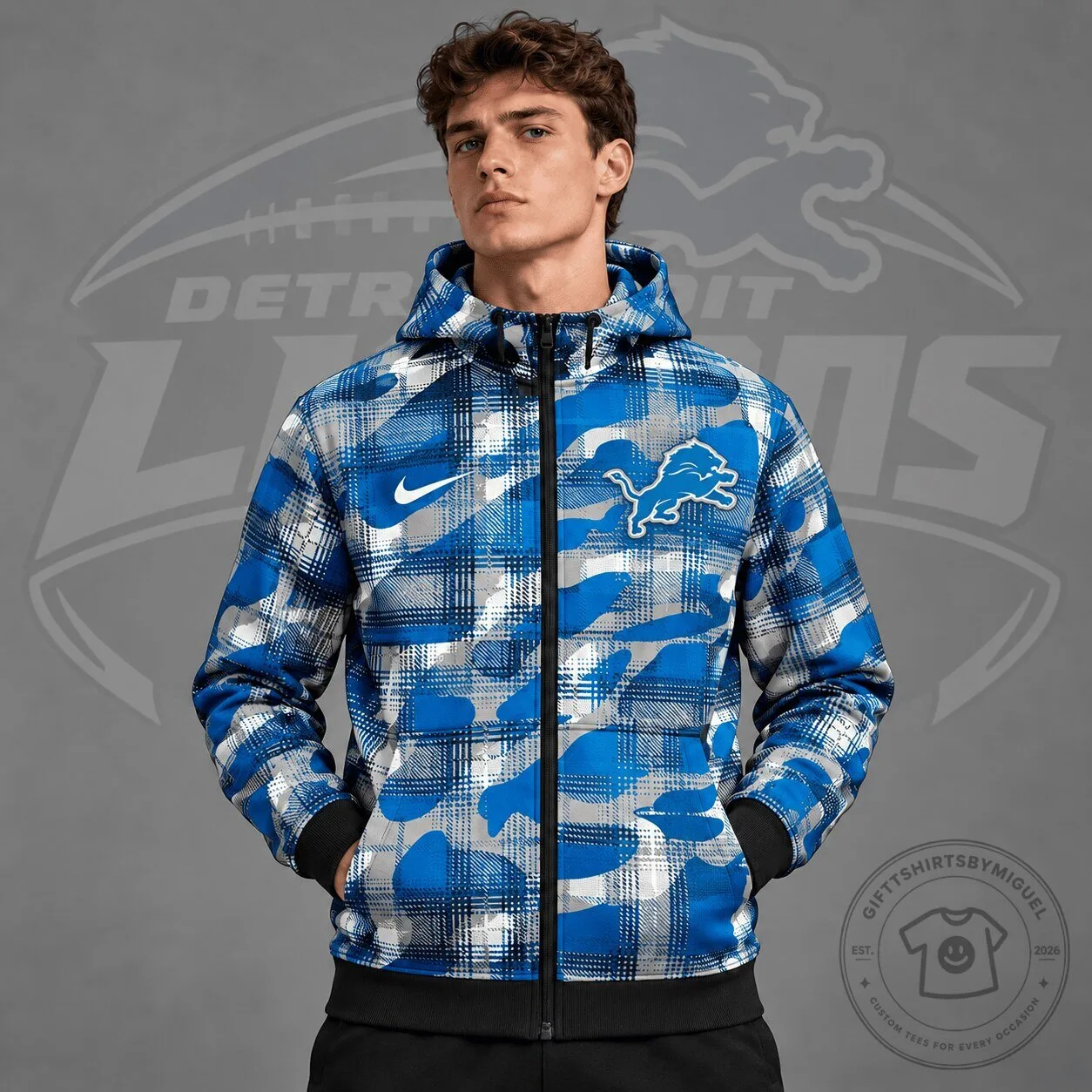 Detroit Lions NFL Team Crest Blue Plaid Camouflage Full Zip Hooded Jacket