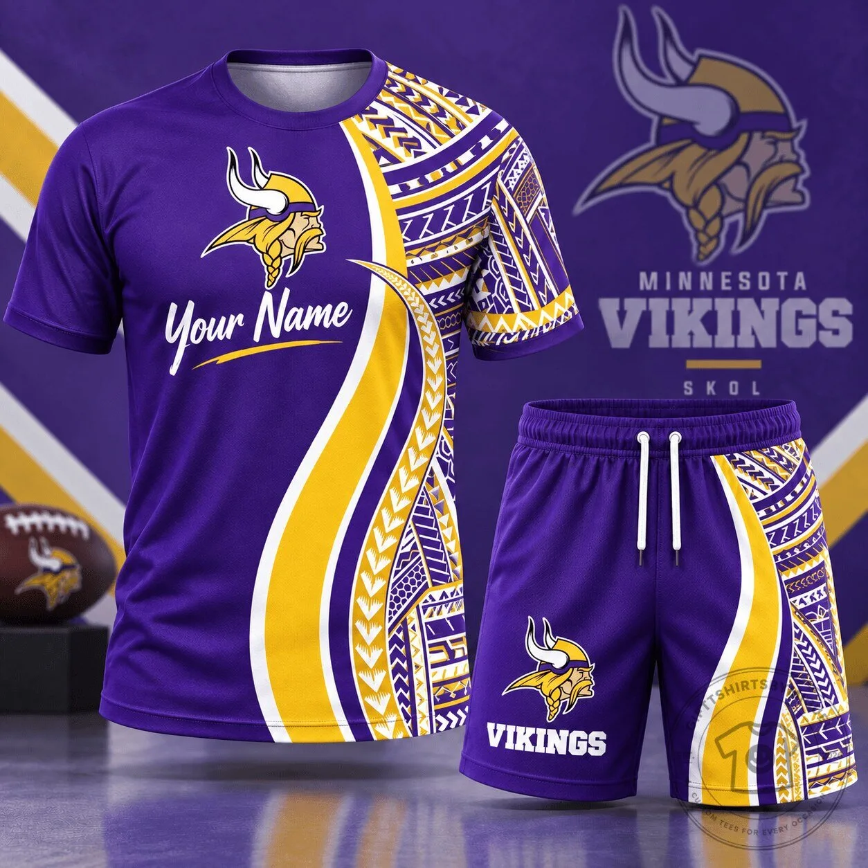 Minnesota Vikings NFL Football Tribal Graphic Custom Name T-Shirt and Shorts Set