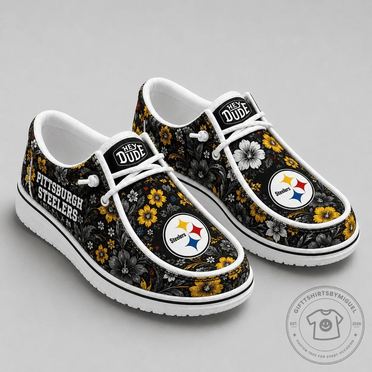 Floral Pattern Hey Dude Shoes for Fans of Pittsburgh Steelers