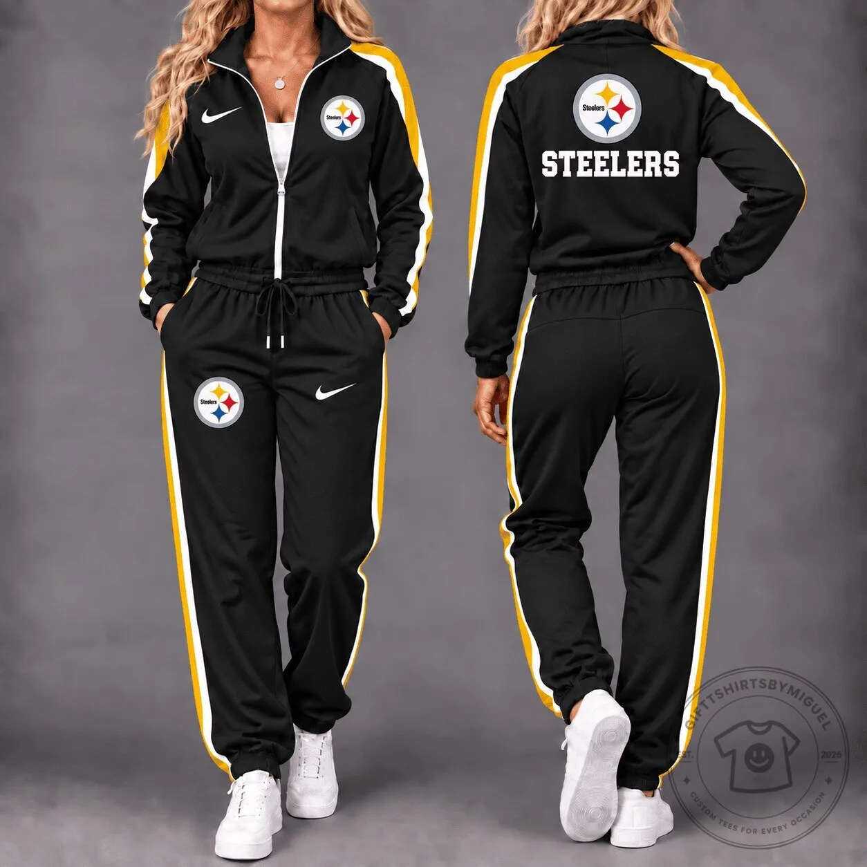 Pittsburgh Steelers NFL Team Logo Black and Gold Striped Tracksuit Set