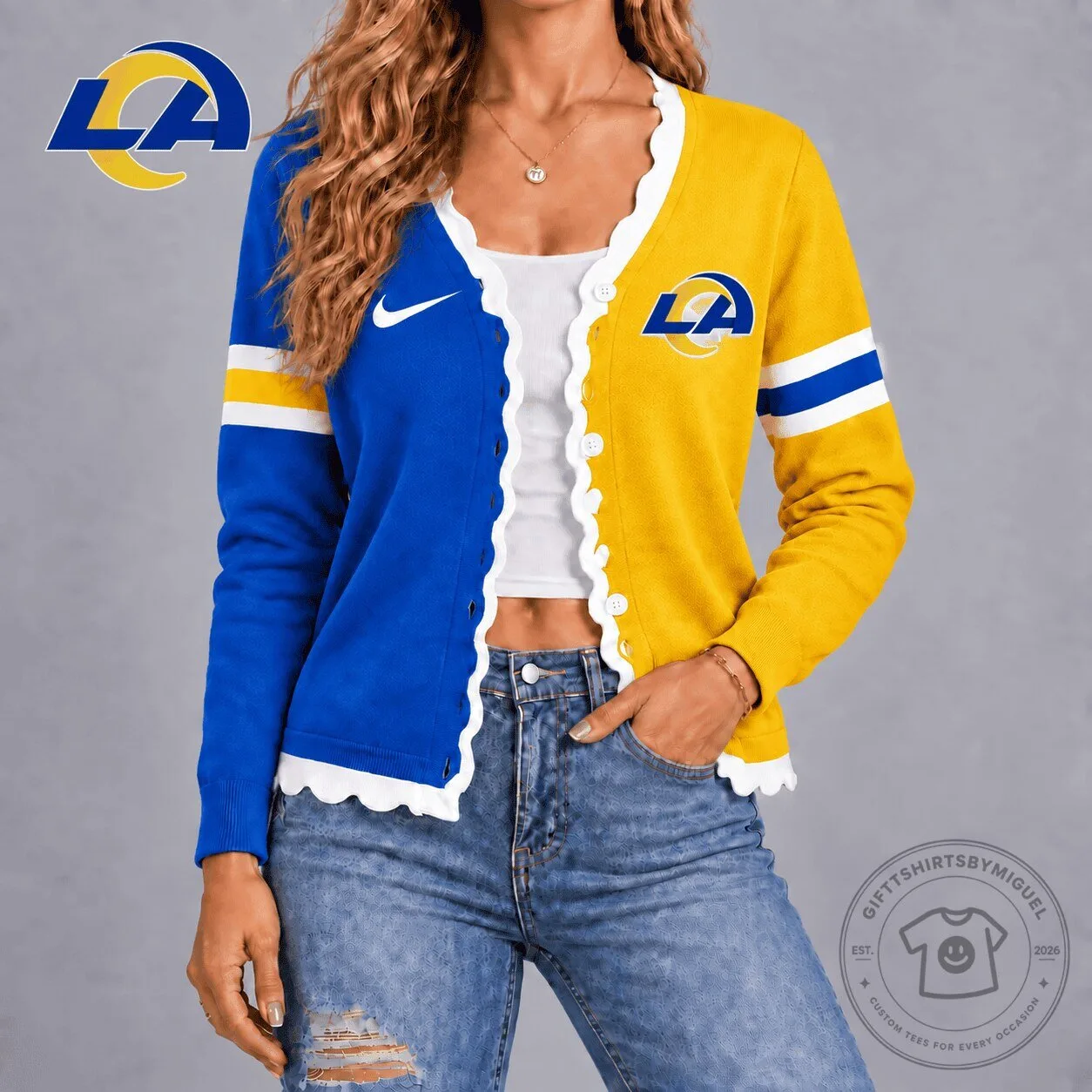 Los Angeles Rams NFL Team Colors Varsity Stripe Button Cardigan for Women