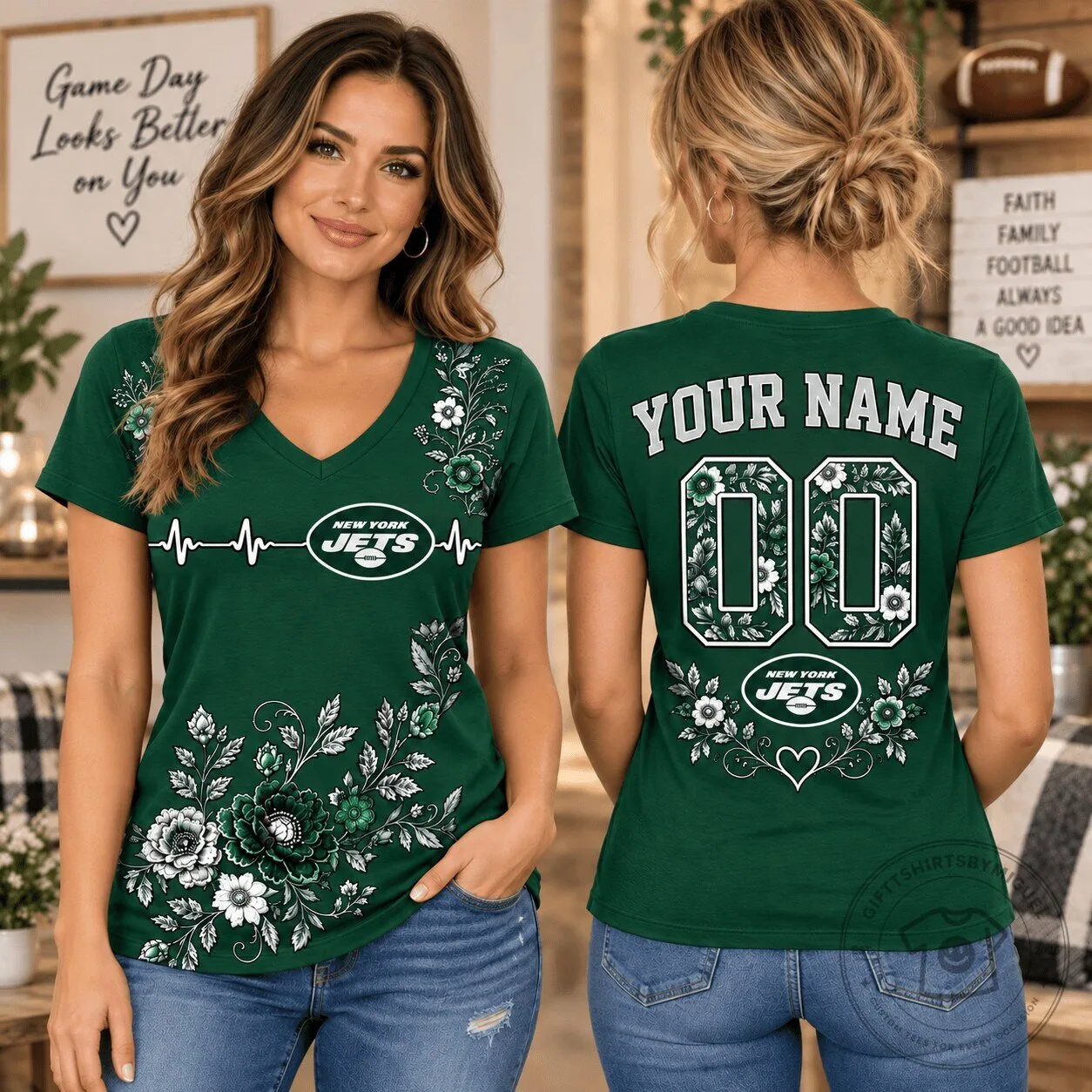 New York Jets Personalized Floral Game Day 1d Fan V-Neck T-Shirt