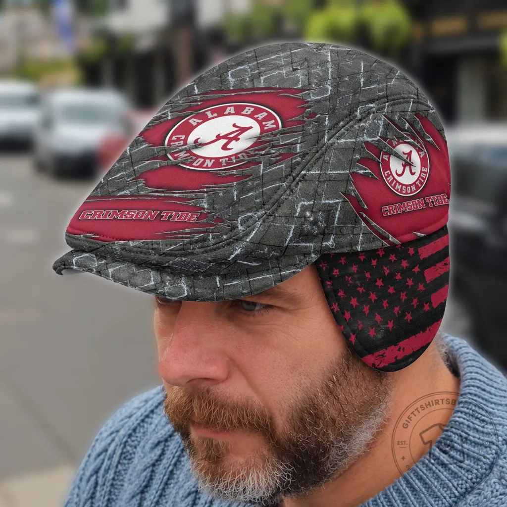 Alabama Crimson Tide Flat Cap with Ear Flaps, Distressed American Flag Pattern Alabama Crimson Tide Flat Cap with Ear Flaps, Distressed American Flag Pattern