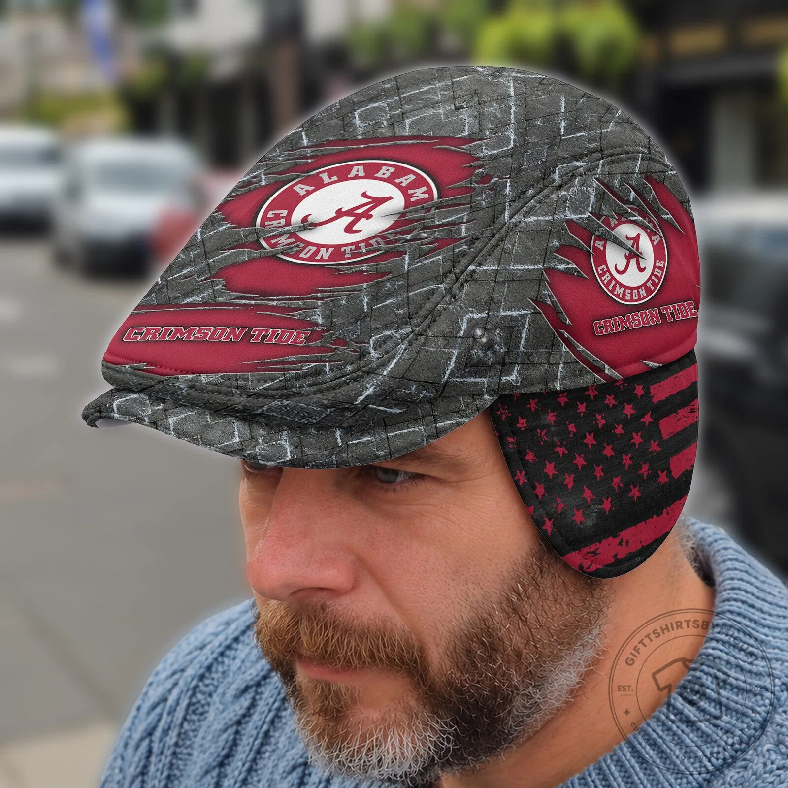 Alabama Crimson Tide Flat Cap with Ear Flaps, Distressed American Flag Pattern