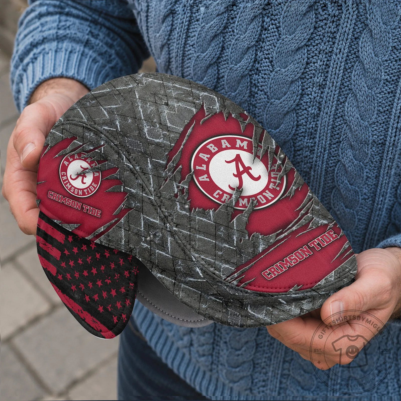 Alabama Crimson Tide Flat Cap with Ear Flaps, Distressed American Flag Pattern 6 Alabama Crimson Tide Flat Cap with Ear Flaps, Distressed American Flag Pattern