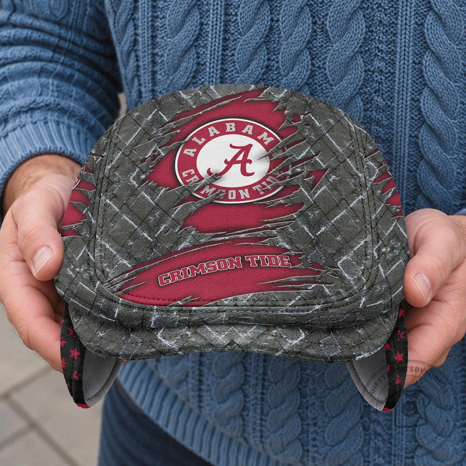 Alabama Crimson Tide Flat Cap with Ear Flaps, Distressed American Flag Pattern 7 Alabama Crimson Tide Flat Cap with Ear Flaps, Distressed American Flag Pattern