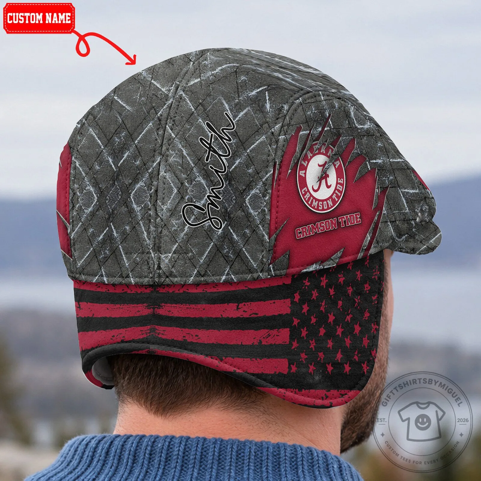 Alabama Crimson Tide Flat Cap with Ear Flaps, Distressed American Flag Pattern 8 Alabama Crimson Tide Flat Cap with Ear Flaps, Distressed American Flag Pattern