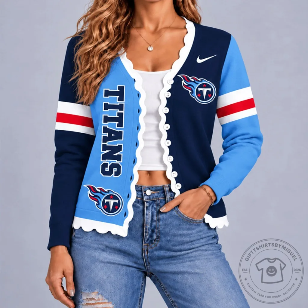 Tennessee Titans NFL Football Team Split Design Scalloped Cardigan Tennessee Titans NFL Football Team Split Design Scalloped Cardigan
